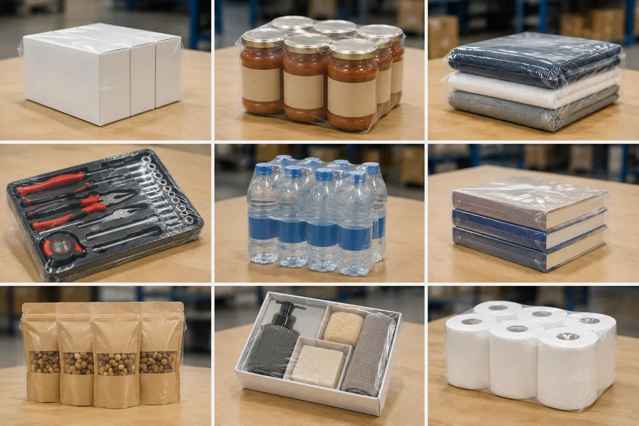 Beispiele verschiedener folierter Produktsets und Verpackungen