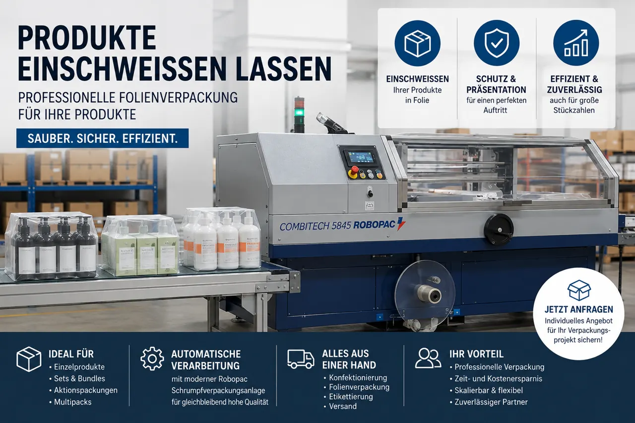Illustration einer Folienverpackungsanlage mit eingeschweißten Produkten